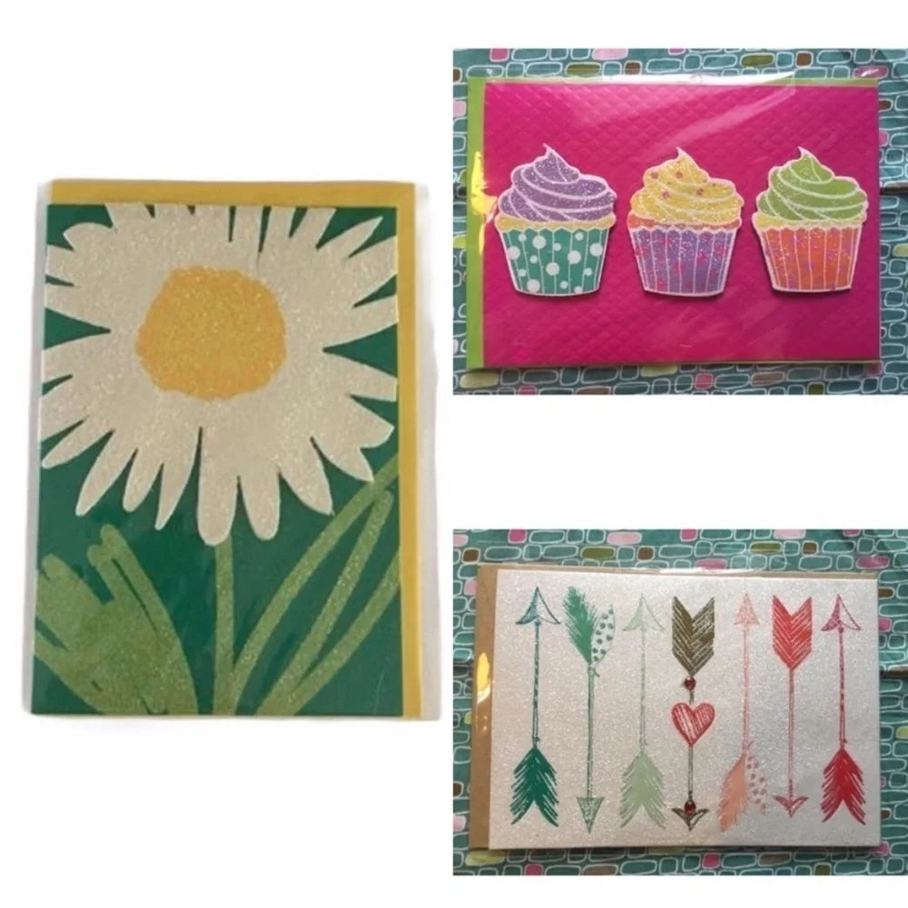 Handmade Greeting Cards Blank Glitter Daisy Flower Birthday Cupcakes Set of 3